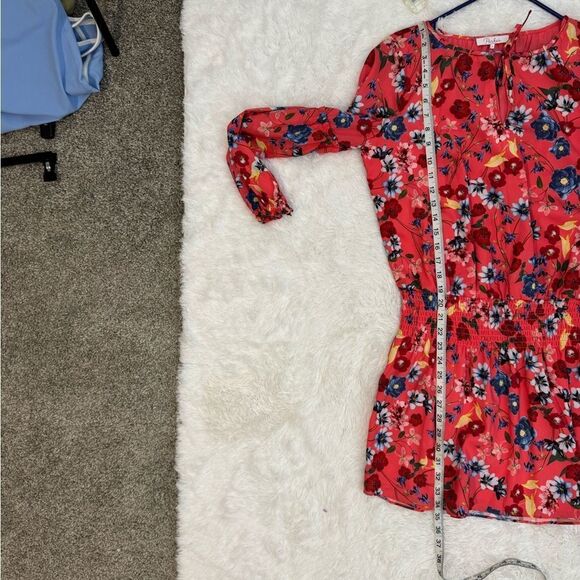 Parker Smocked Drop Waist Mini Dress Floral Deep Coral Size S - Picture 4 of 11